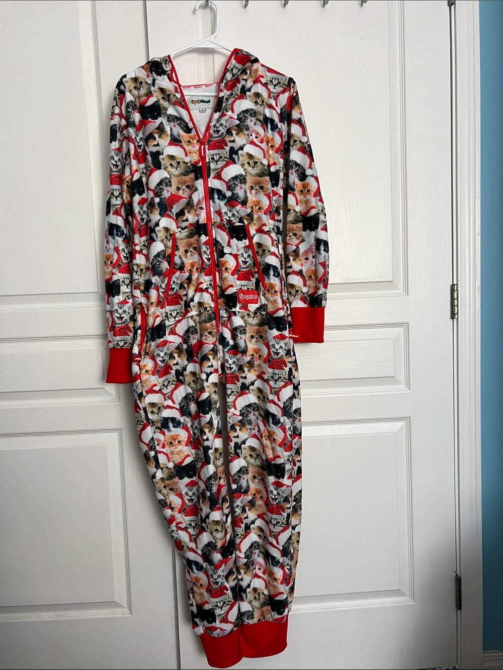 Tipsy Elves Kids Hooded Cat Print Pajama Onesie - Red, White, Black